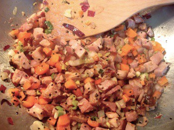 sautéing ham with vegetables 