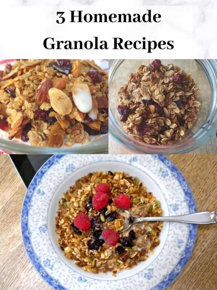 three bowls of different granolas