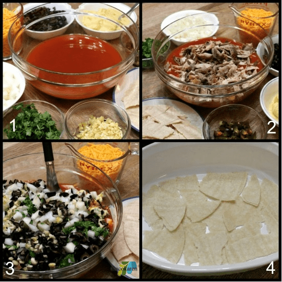 Step by step images of layering of turkey enchilada casserole