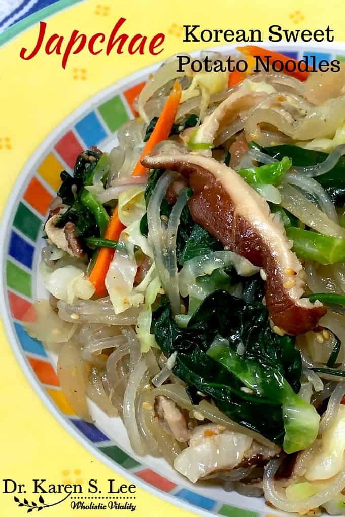 cellophane noodles, vegetables, on yellow platter