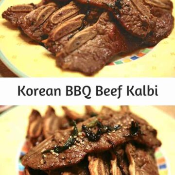 Thinly sliced barbecued short ribs on a yellow plate