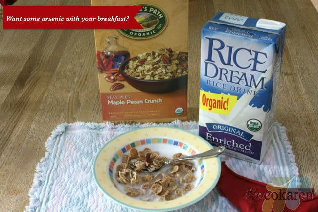 Nature's Path Cereal box next to rice milk behind yellow bowl of cereal and rice milk