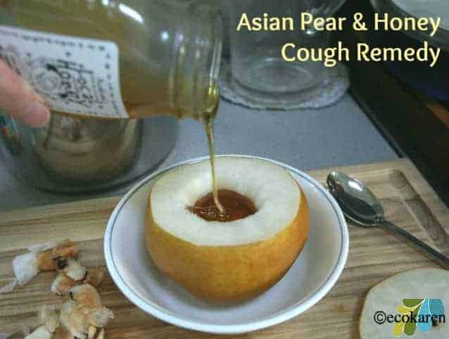 honey pouring on to asian pear with top half cut off in a bowl; Asian Pear and Honey Cough Remedy