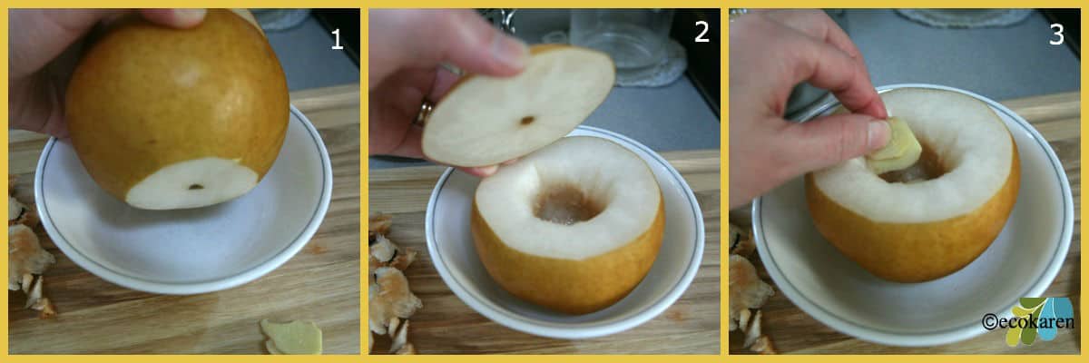Slicing the Asian pear bottom and top