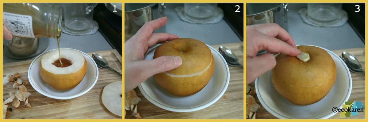 pouring honey into sliced Asian pear 