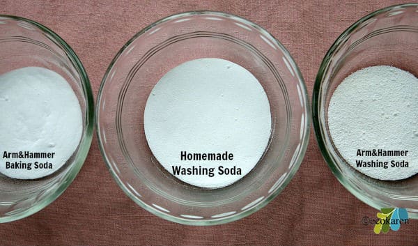 glass bowl of homemade washing soda between glass bowl of arm and hammer baking soda and glass bowl of arm and hammer washing soda