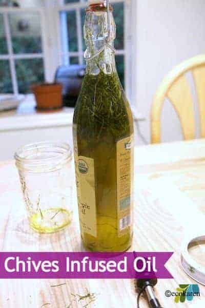 Chives Infused Oil in glass bottle