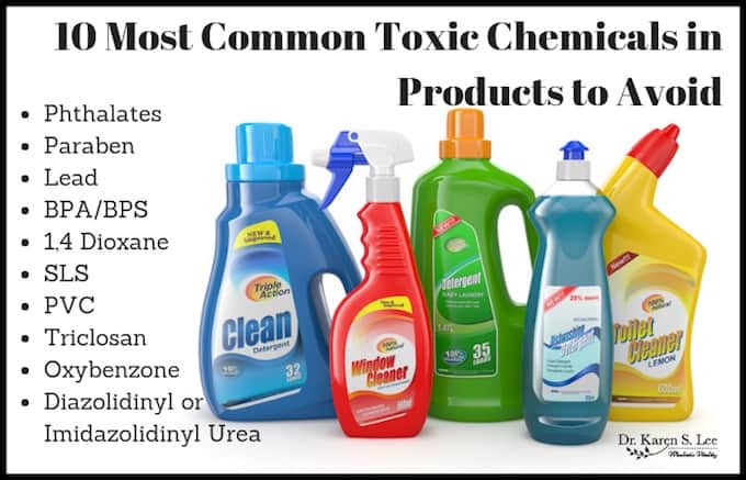 10 most common toxic chemicals title on top of brightly colored bottles