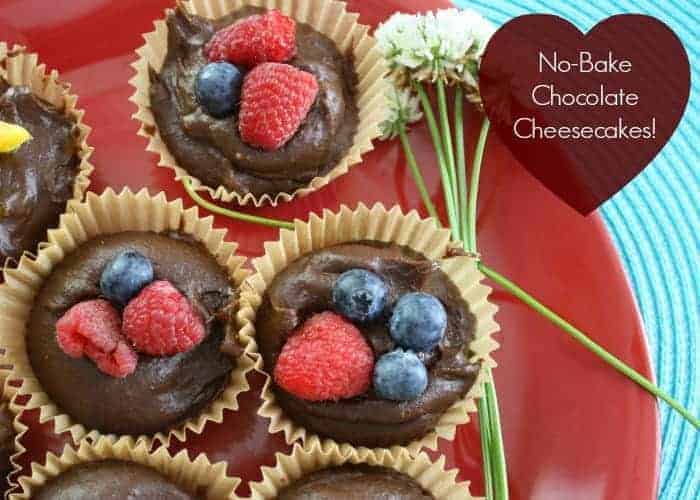 Mini No Bake Chocolate Cheesecakes on red  plate