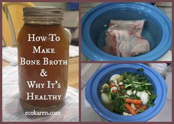 three pictures: left side homemade bone broth, top right bone in slow cooker, bottom right vegetables on top of bone in slow cooker