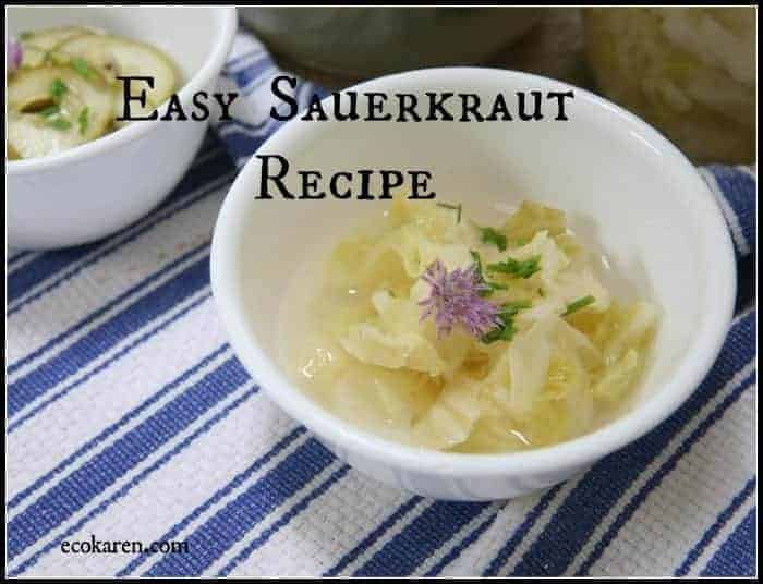 Sauerkraut in white bowl on blue white stripe towel