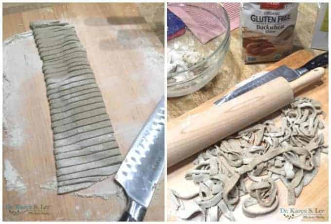 Cutting buckwheat dough into noodles