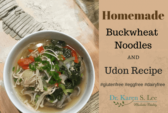 Homemade buckwheat noodles with vegetables in white bowl