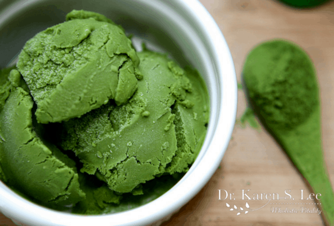 Green Tea Ice Cream in a white bowl close up