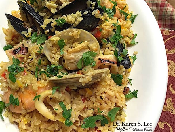 Seafood Paella in white bowl