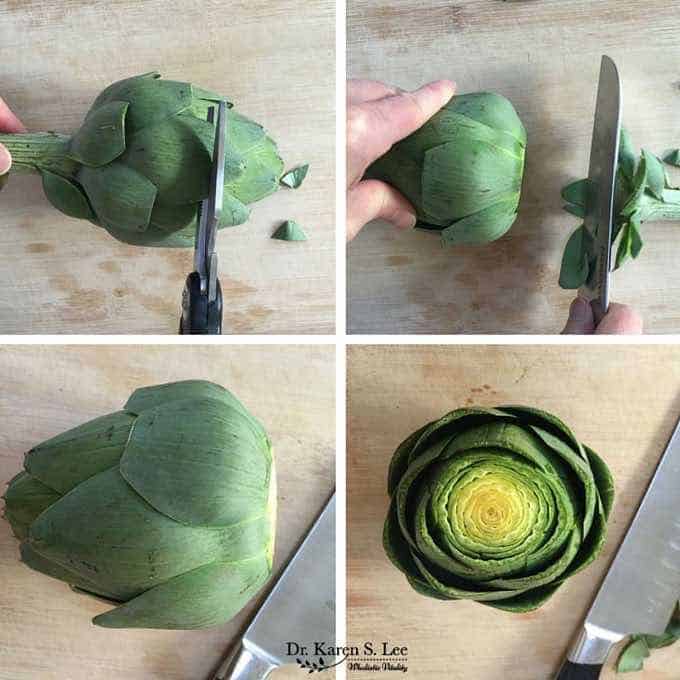 cutting tip of leaves, stem, and first third of the artichoke