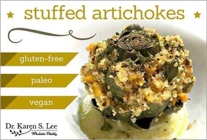 gluten free stuffed Artichoke on white plate