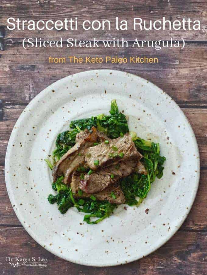 Sliced Steak and Arugula on whitish plate with brown specks on brown wooden plank