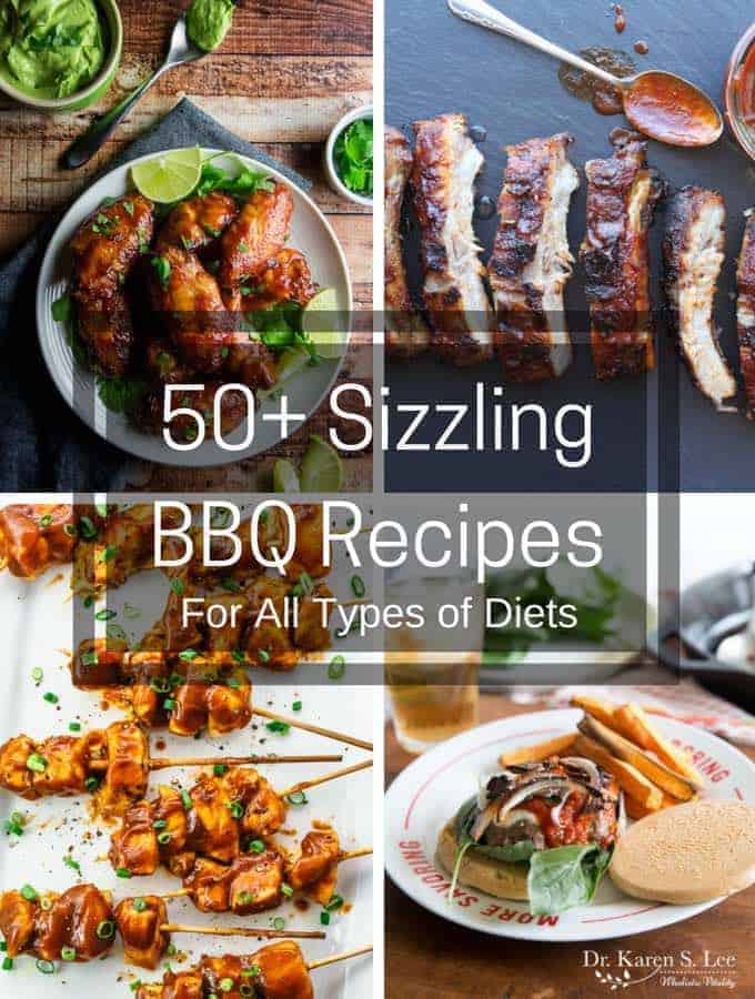 four pictures of bbq recipes. chicken wings, ribs, chicken skewers, and burger