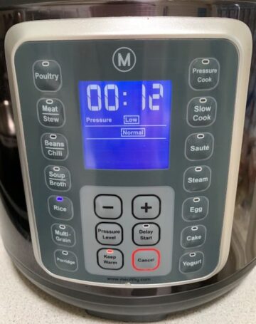 Multipot front panel showing rice setting on