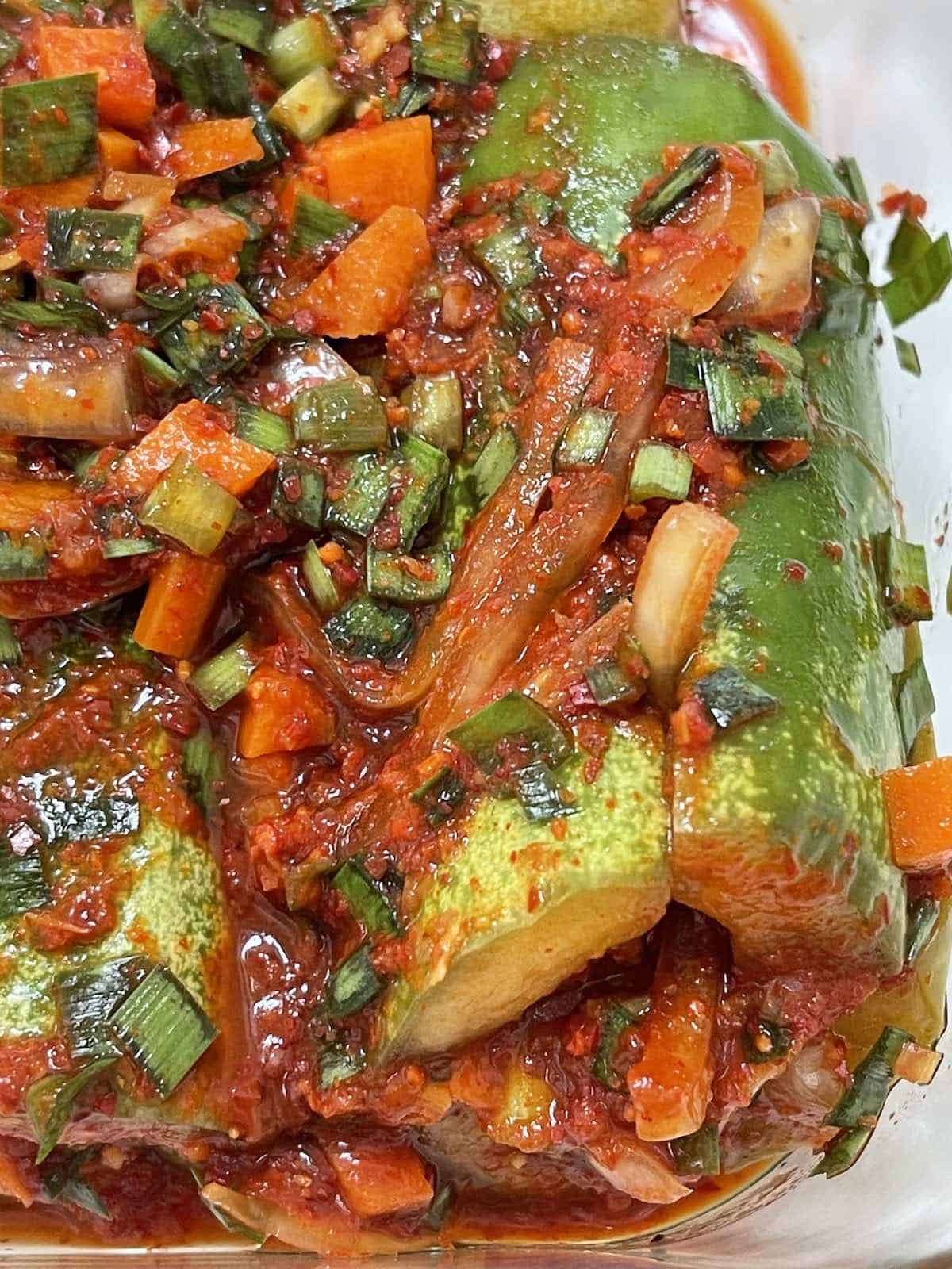 cucumbers covered in red pepper, carrot, onion chives